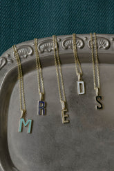 Deco blue enamel letter necklace